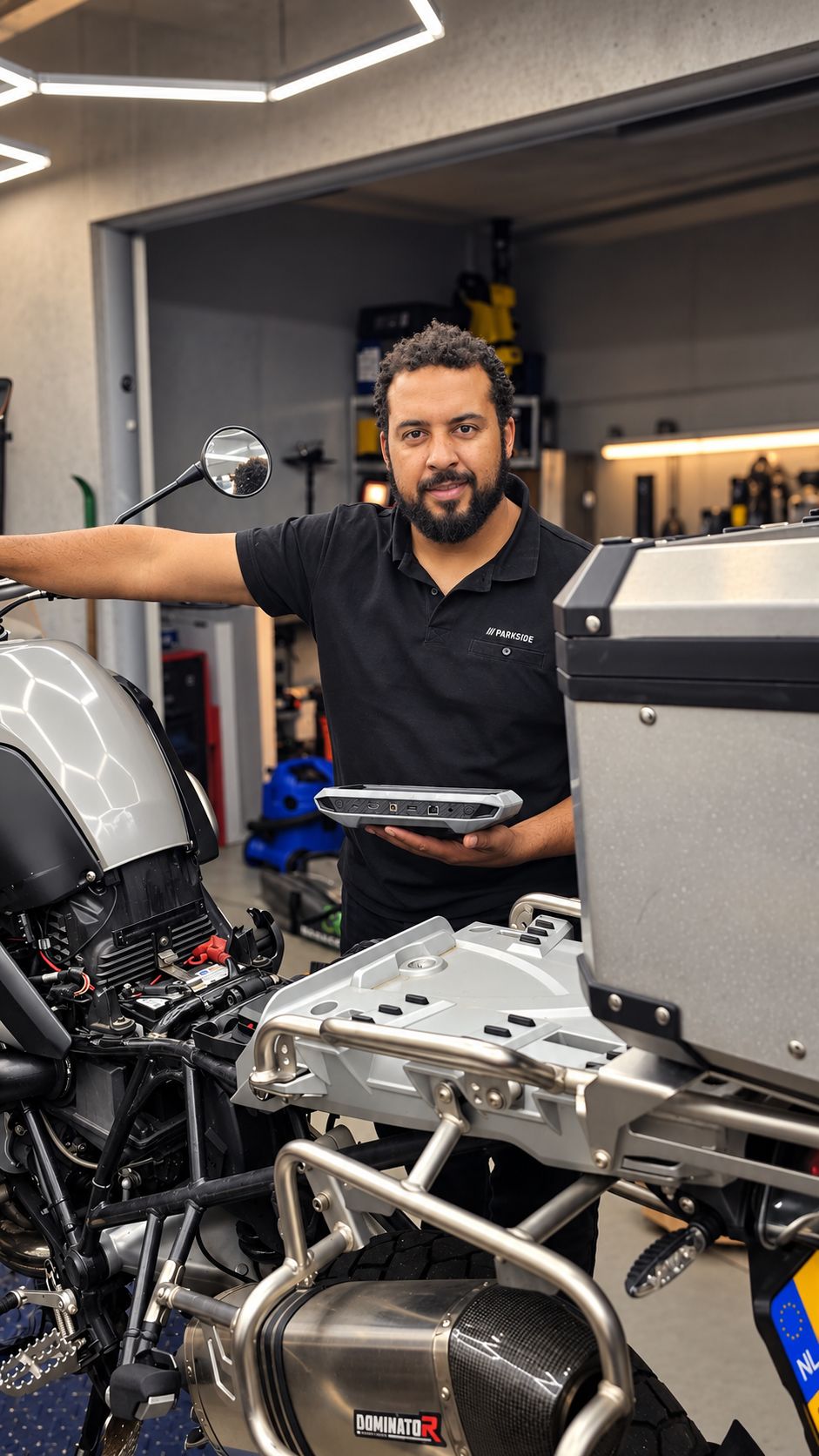 Monteur van OG MotoWorks in de werkplaats in Waalwijk met een diagnosetablet bij een BMW R1200GS Adventure