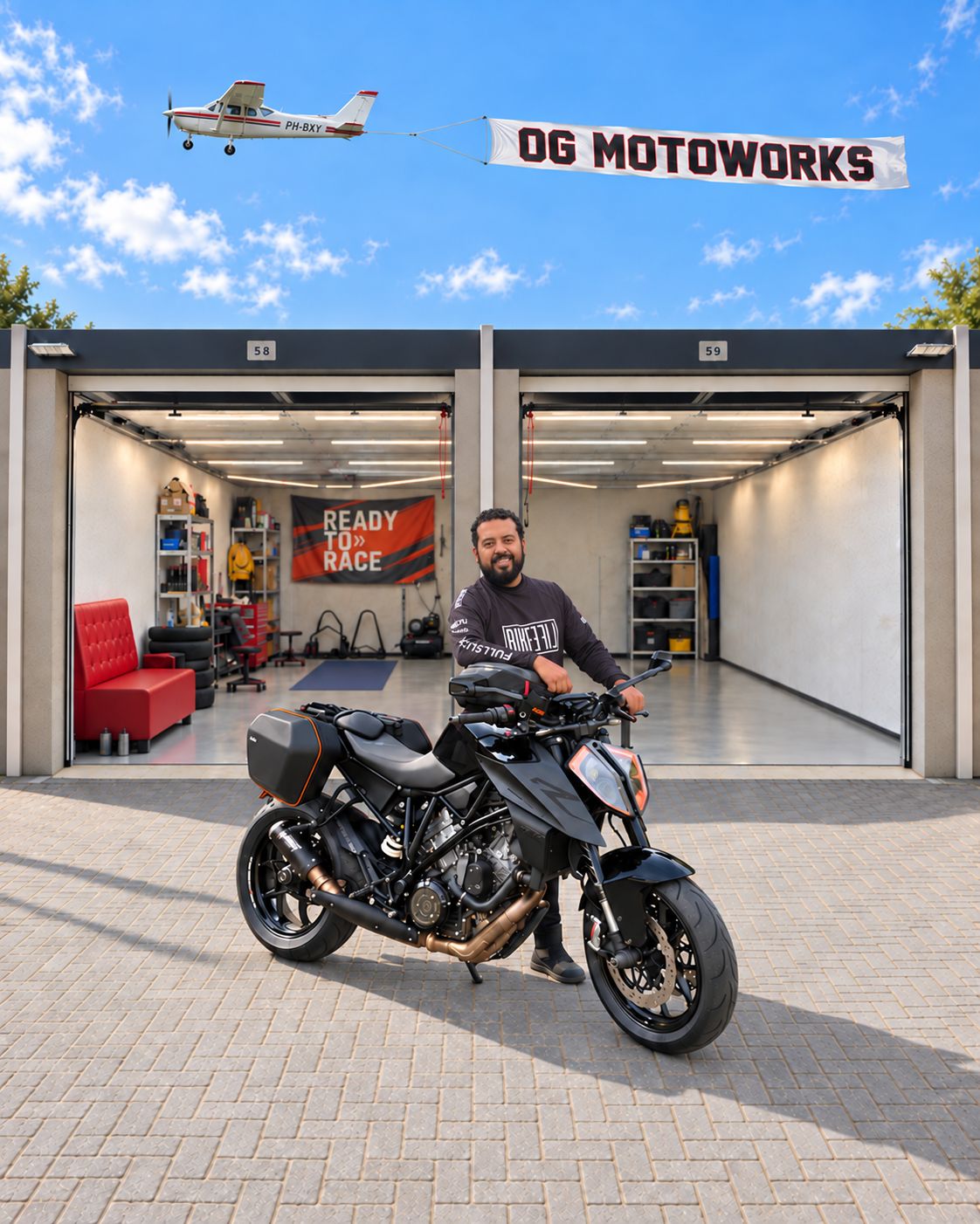 Freddy Oliveira Gomes van OG MotoWorks met zijn zwarte KTM 1290 Super Duke R voor de werkplaats in Waalwijk